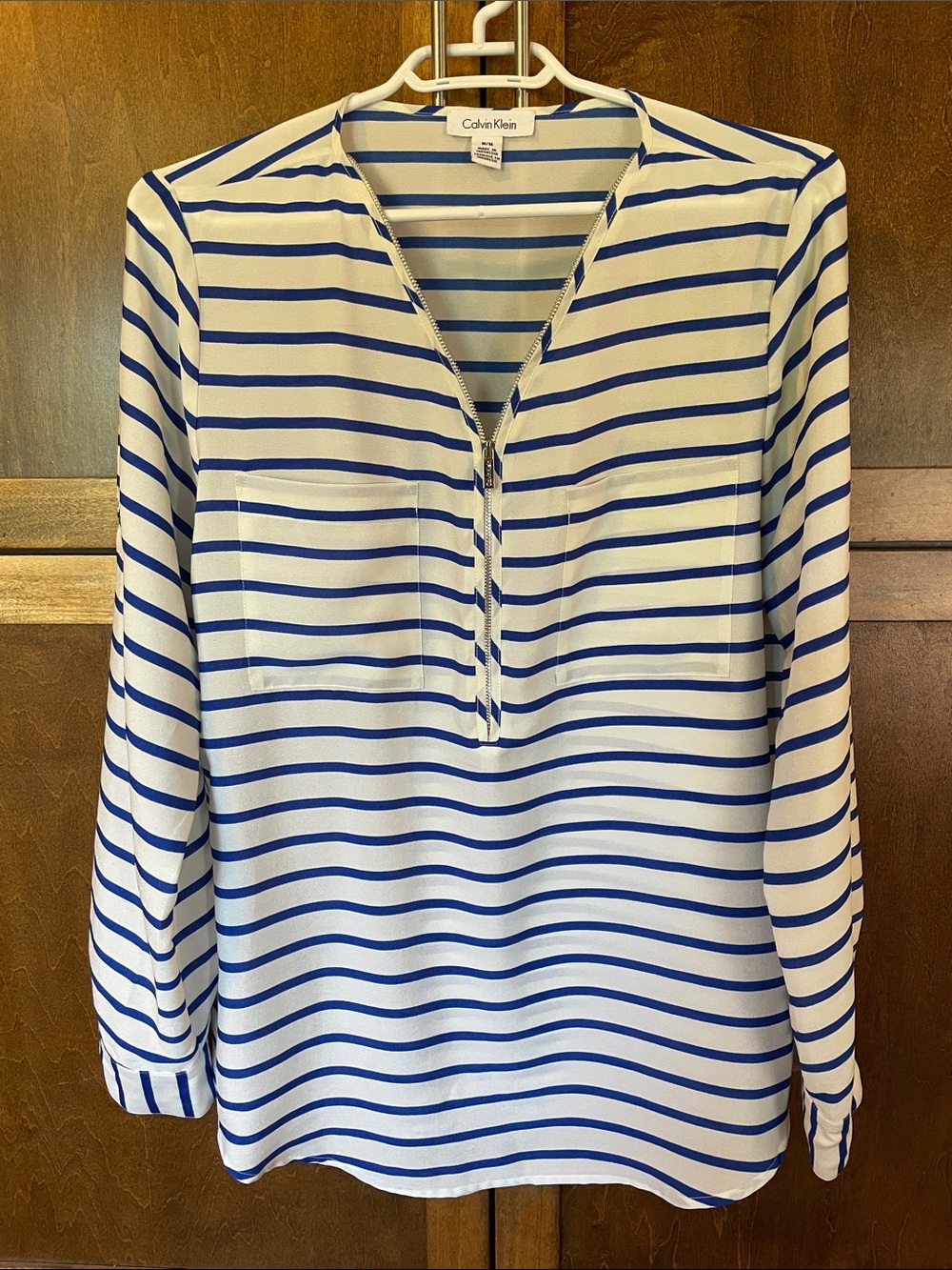 Calvin Klein Ivory & Blue Striped Zip-Front Blouse